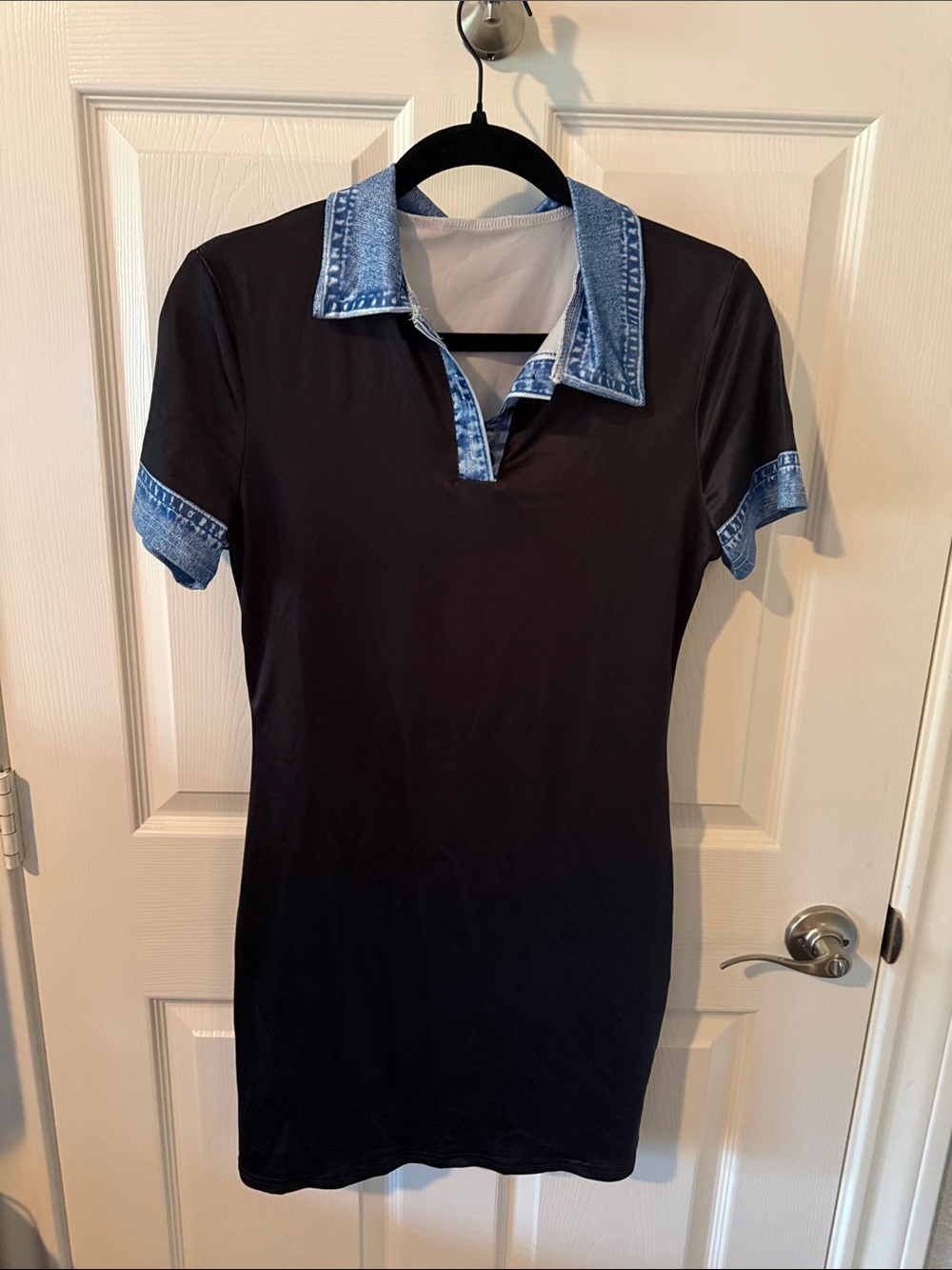Black Dress with Denim-Trim Collar and Cuffs